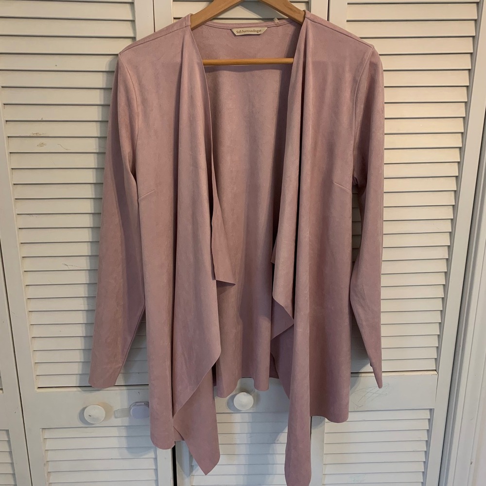 Soft Surroundings Pink Faux‎ Suede Drape Front Cardigan Waterfall Vegan Womens L